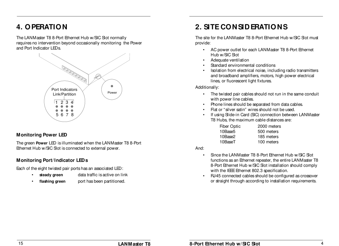 Transition Networks E-TBT-HB-0802 Operation, Site Considerations, Monitoring Power LED, Monitoring Port/Indicator LEDs 