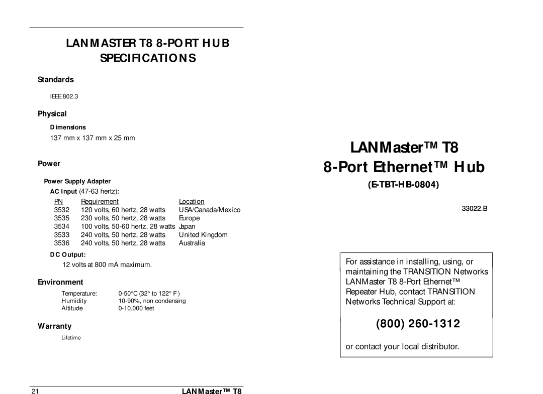 Transition Networks 33022.B specifications LANMASTER T8 8-PORT HUB SPECIFICATIONS, E-TBT-HB-0804, Standards, Physical 