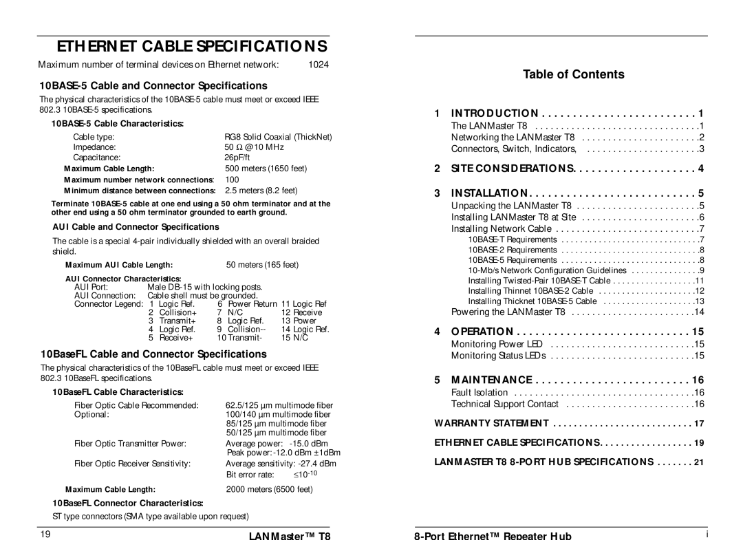 Transition Networks 33022.B Ethernet Cable Specifications, Table of Contents, 10BASE-5 Cable and Connector Specifications 