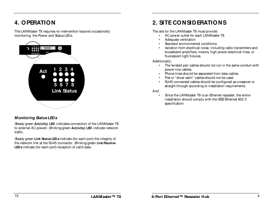 Transition Networks 33022.B Operation, Site Considerations, Monitoring Status LEDs, Act, 5 6 7 8 Link Status, LANMaster T8 