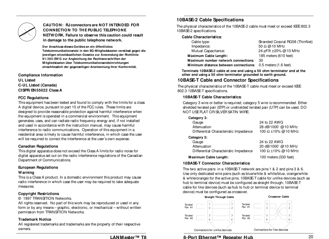 Transition Networks E-TBT-HB-0804, 33022.B 10BASE-2 Cable Specifications, 10BASE-T Cable and Connector Specifications 