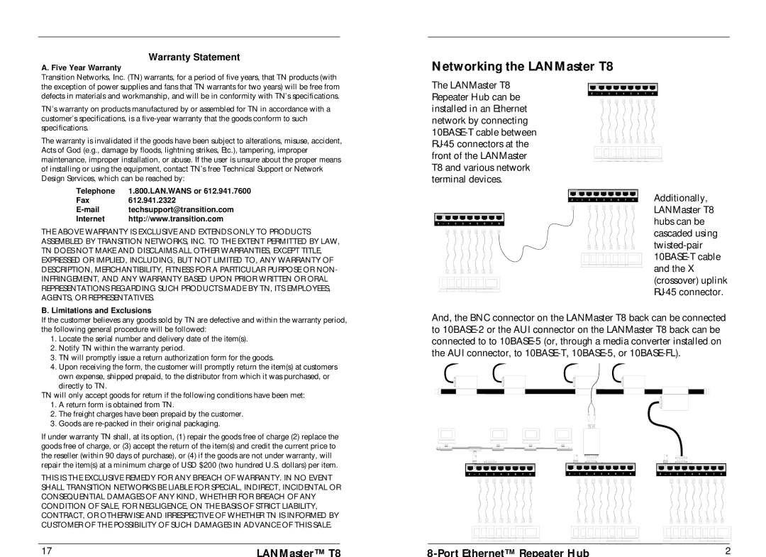 Transition Networks 33022.B, E-TBT-HB-0804 specifications Networking the LANMaster T8, Warranty Statement 