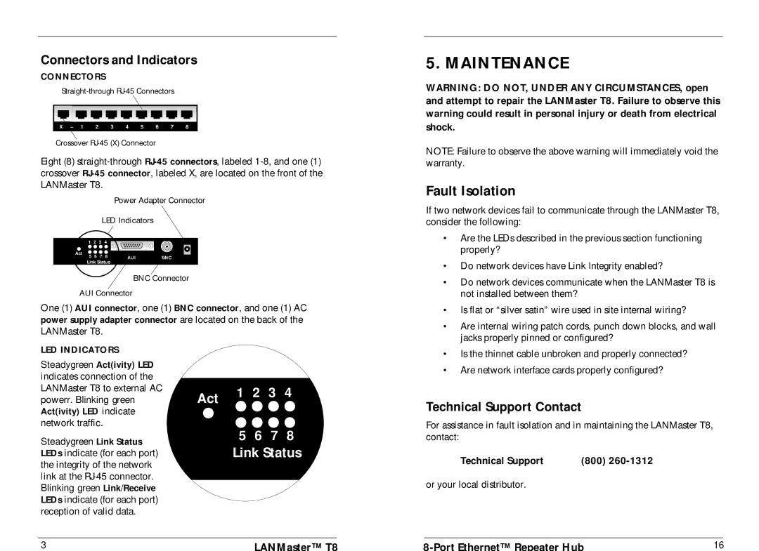 Transition Networks E-TBT-HB-0804, 33022.B specifications Maintenance, Connectors and Indicators, Technical Support Contact 