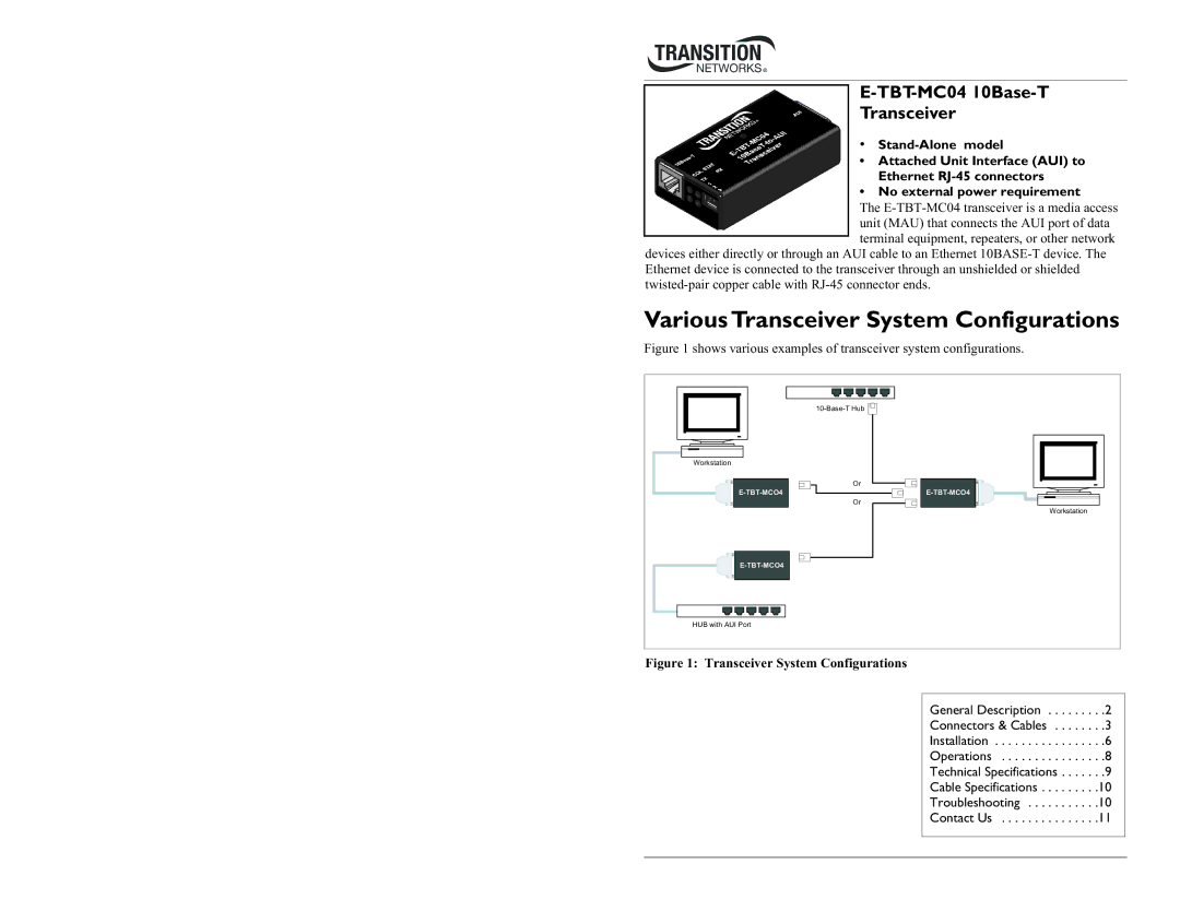 Transition Networks E-TBT-MC04 technical specifications VariousTransceiver System Configurations 