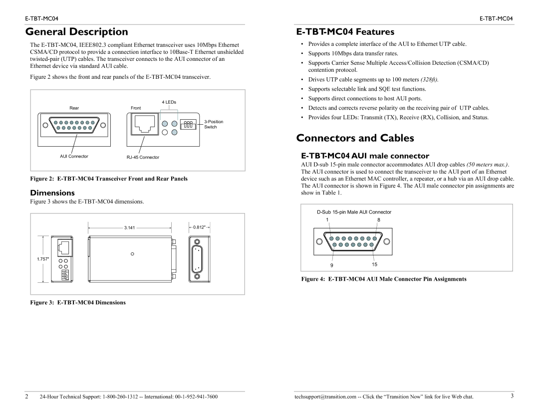 Transition Networks E-TBT-MC04 General Description, Connectors and Cables, Dimensions, TBT-MC04 AUI male connector 