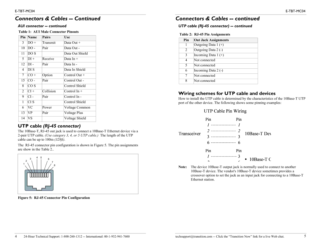 Transition Networks E-TBT-MC04 technical specifications Connectors & Cables, Wiring schemes for UTP cable and devices 