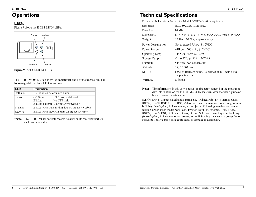 Transition Networks E-TBT-MC04 technical specifications Operations, Technical Specifications, LEDs, Description 