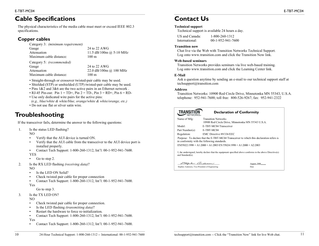 Transition Networks E-TBT-MC04 technical specifications Cable Specifications, Troubleshooting, Contact Us, Copper cables 