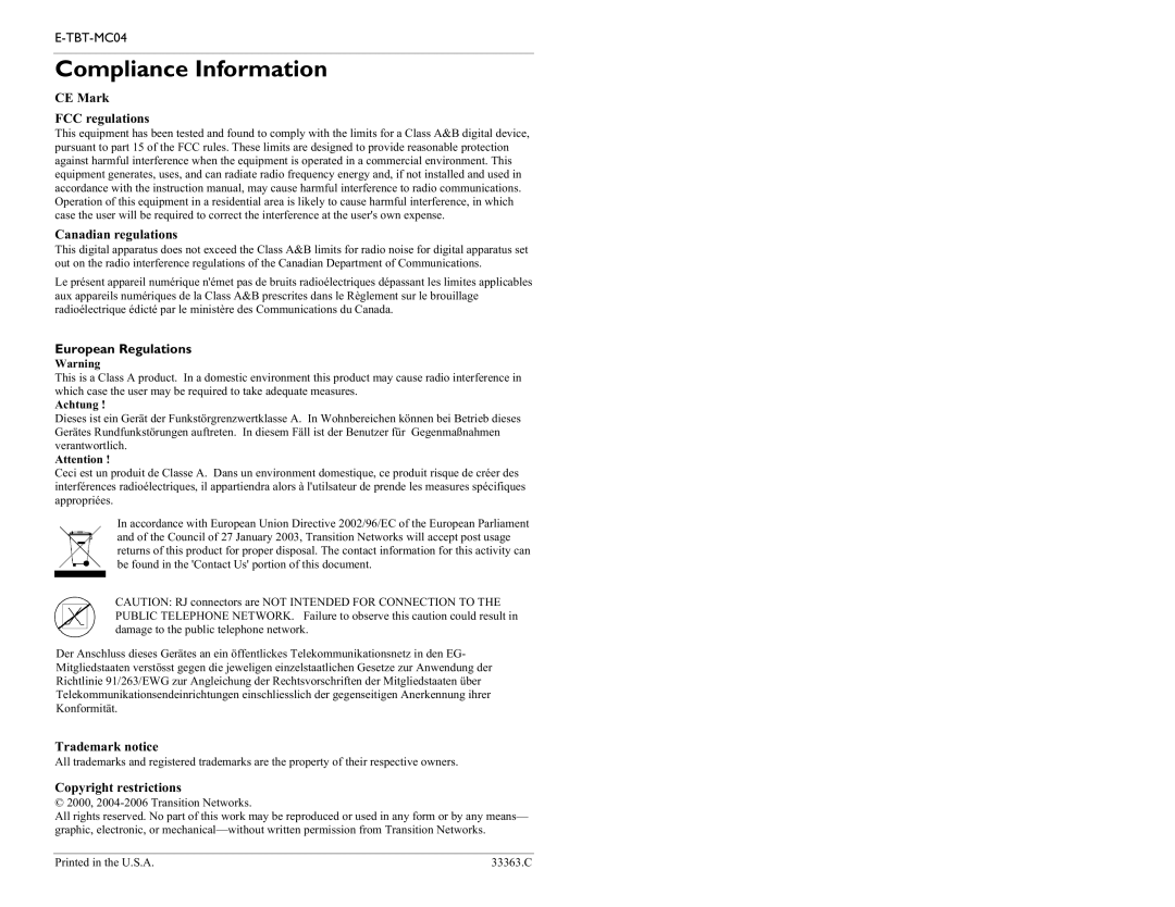 Transition Networks E-TBT-MC04 Compliance Information, CE Mark FCC regulations Canadian regulations, European Regulations 