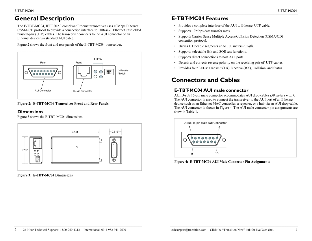 Transition Networks General Description, Connectors and Cables, Dimensions, E-TBT-MC04AUI male connector 