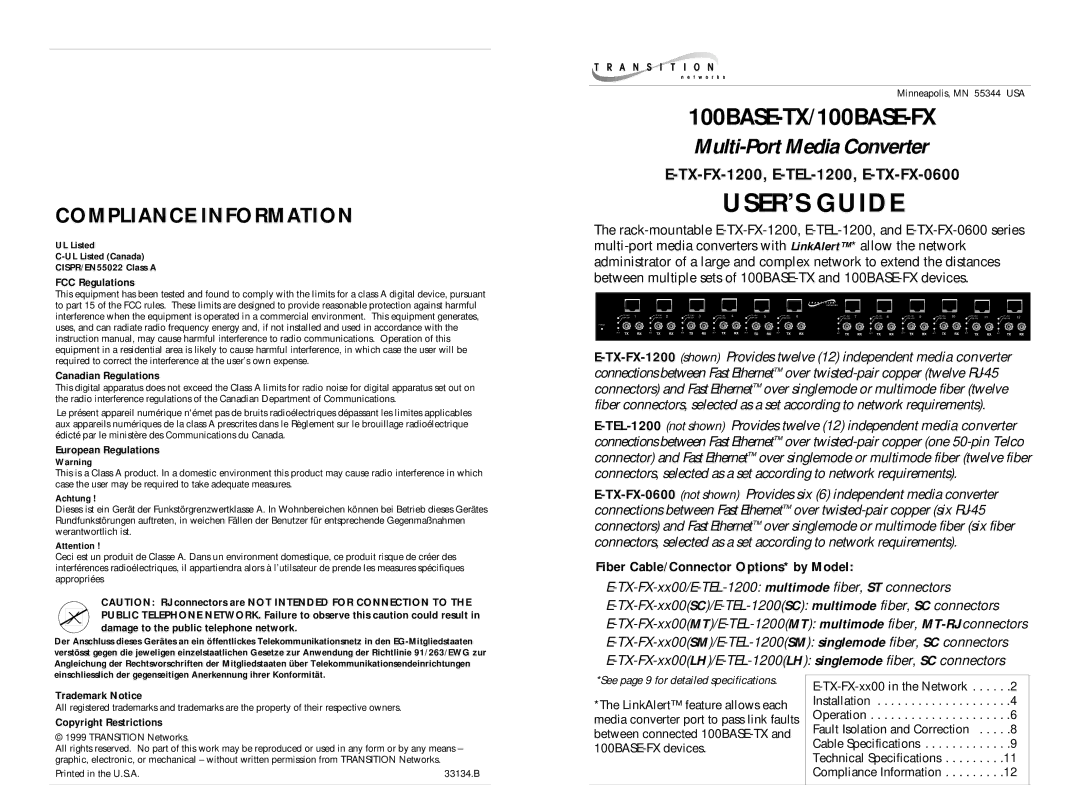 Transition Networks E-TX-FX-1200 specifications Compliance Information, Fiber Cable/Connector Options* by Model 