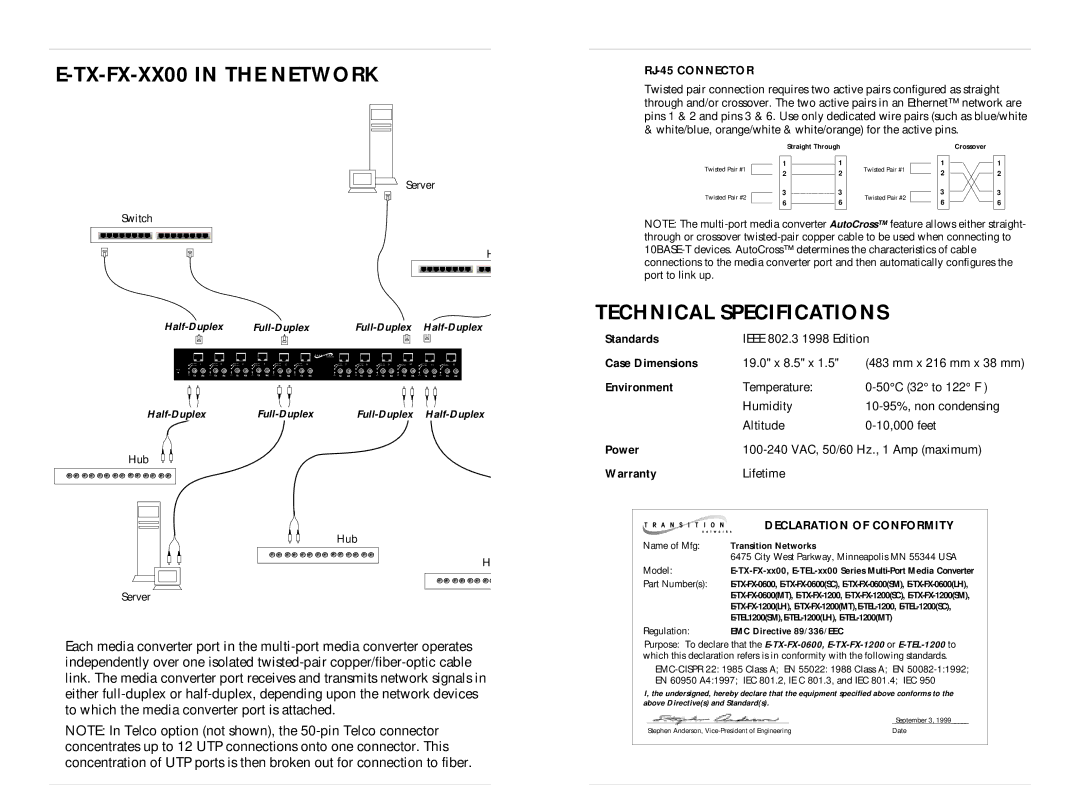 Transition Networks E-TX-FX-0600, E-TEL-1200 TX-FX-XX00 in the Network, Technical Specifications, RJ-45 Connector 