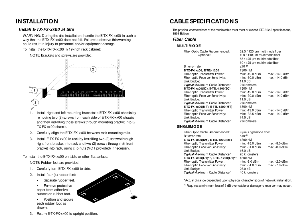 Transition Networks E-TX-FX-1200, E-TEL-1200 Installation, Cable Specifications, Install E-TX-FX-xx00 at Site, Fiber Cable 