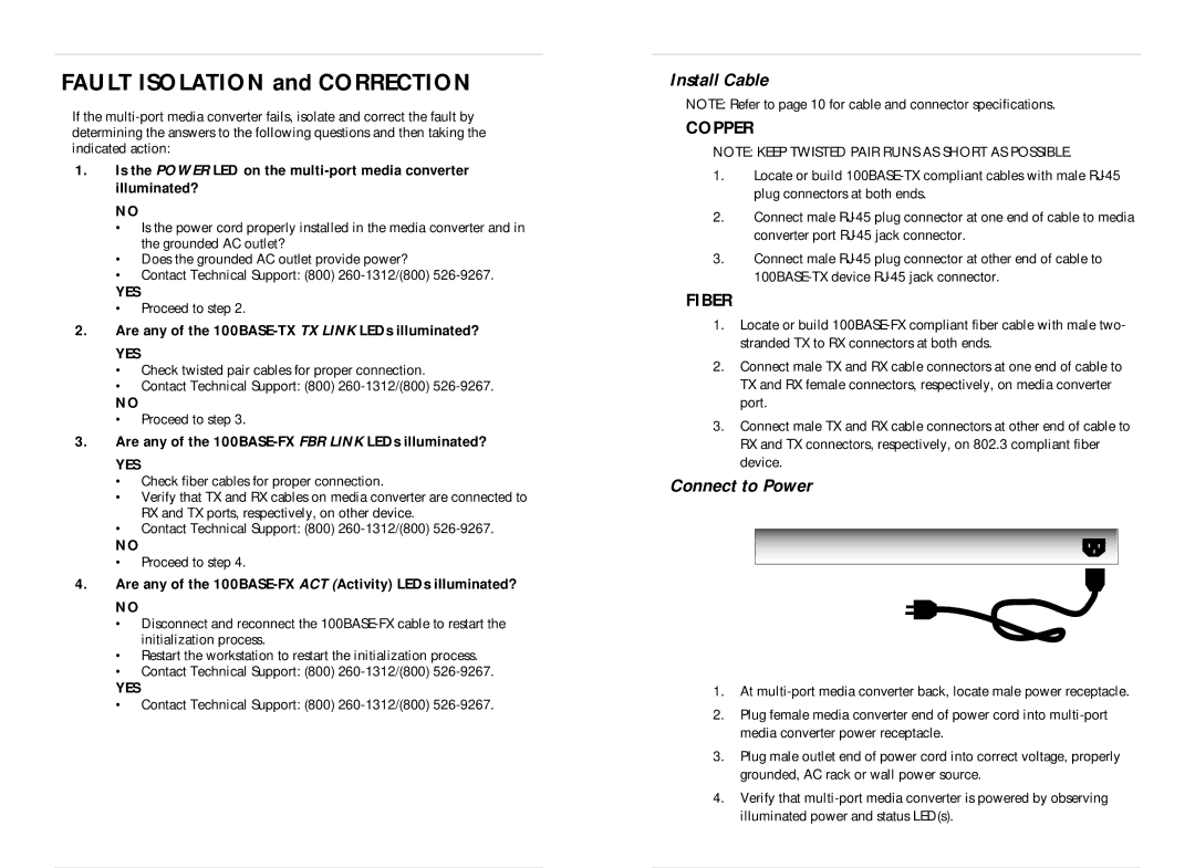 Transition Networks E-TX-FX-0600 Fault Isolation and Correction, Install Cable, Copper, Fiber, Connect to Power 