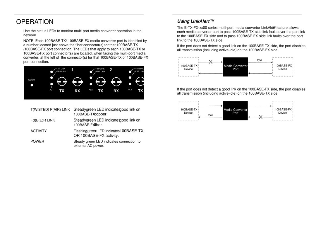 Transition Networks E-TEL-1200, E-TX-FX-1200, E-TX-FX-0600 Operation, Using LinkAlert, Fiber Link, Activity, Power 