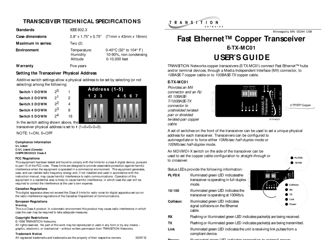 Transition Networks E-TX-MC01 warranty 