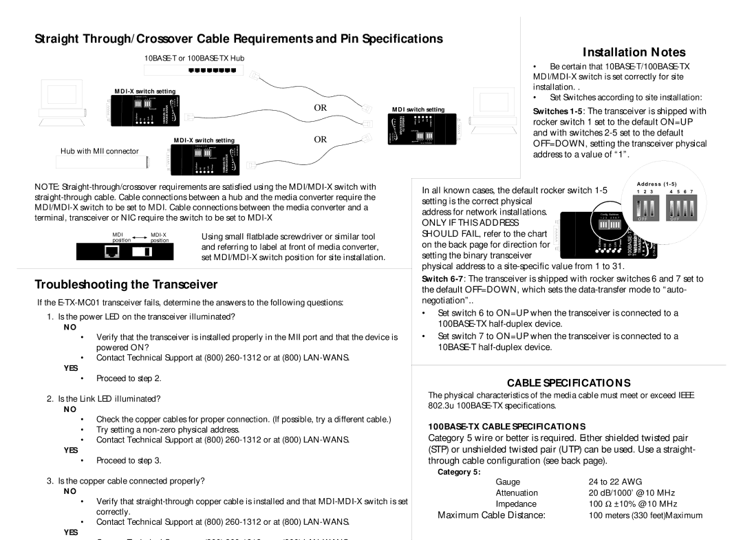 Transition Networks E-TX-MC01 warranty Installation Notes, Troubleshooting the Transceiver, Only if this Address 