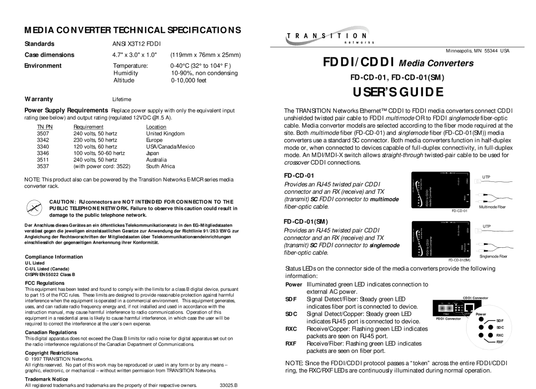 Transition Networks FD-CD-01(SM) warranty Standards, Case dimensions, Environment, FD-CD-01SM 