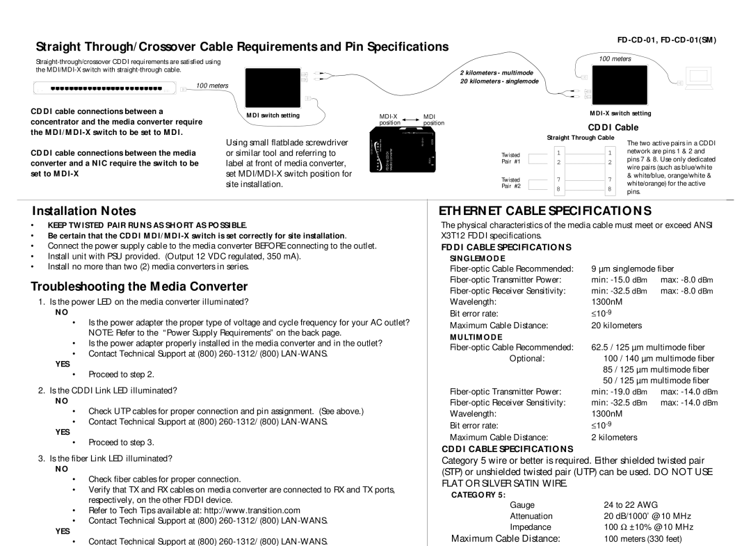Transition Networks FD-CD-01(SM) Installation Notes, Troubleshooting the Media Converter, Ethernet Cable Specifications 