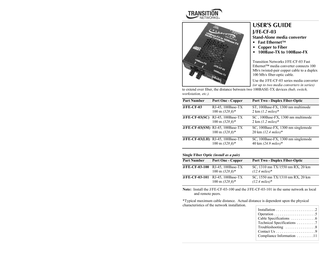 Transition Networks J/FE-CF-03 specifications FE-CF-03SC, FE-CF-03SM, FE-CF-03LH, FE-CF-03-101 