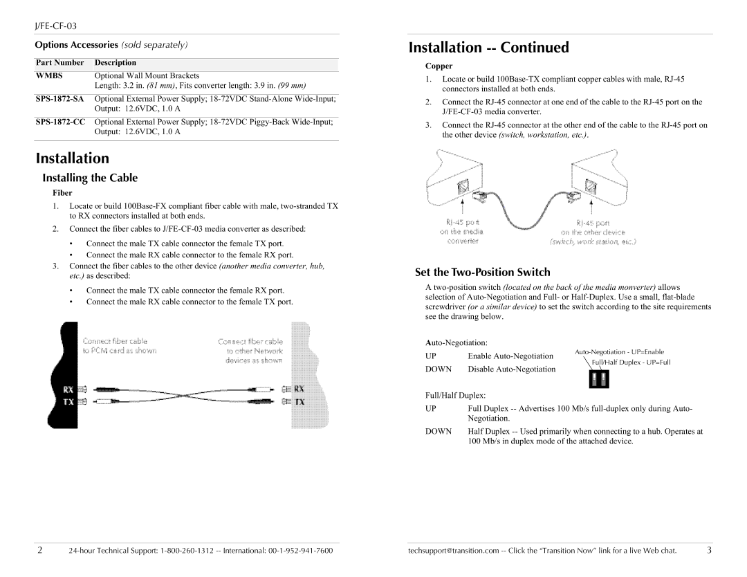 Transition Networks J/FE-CF-03 specifications Installation, Installing the Cable, Set the Two-Position Switch 