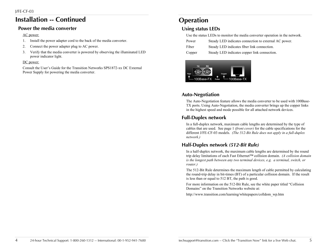 Transition Networks J/FE-CF-03 specifications Operation 