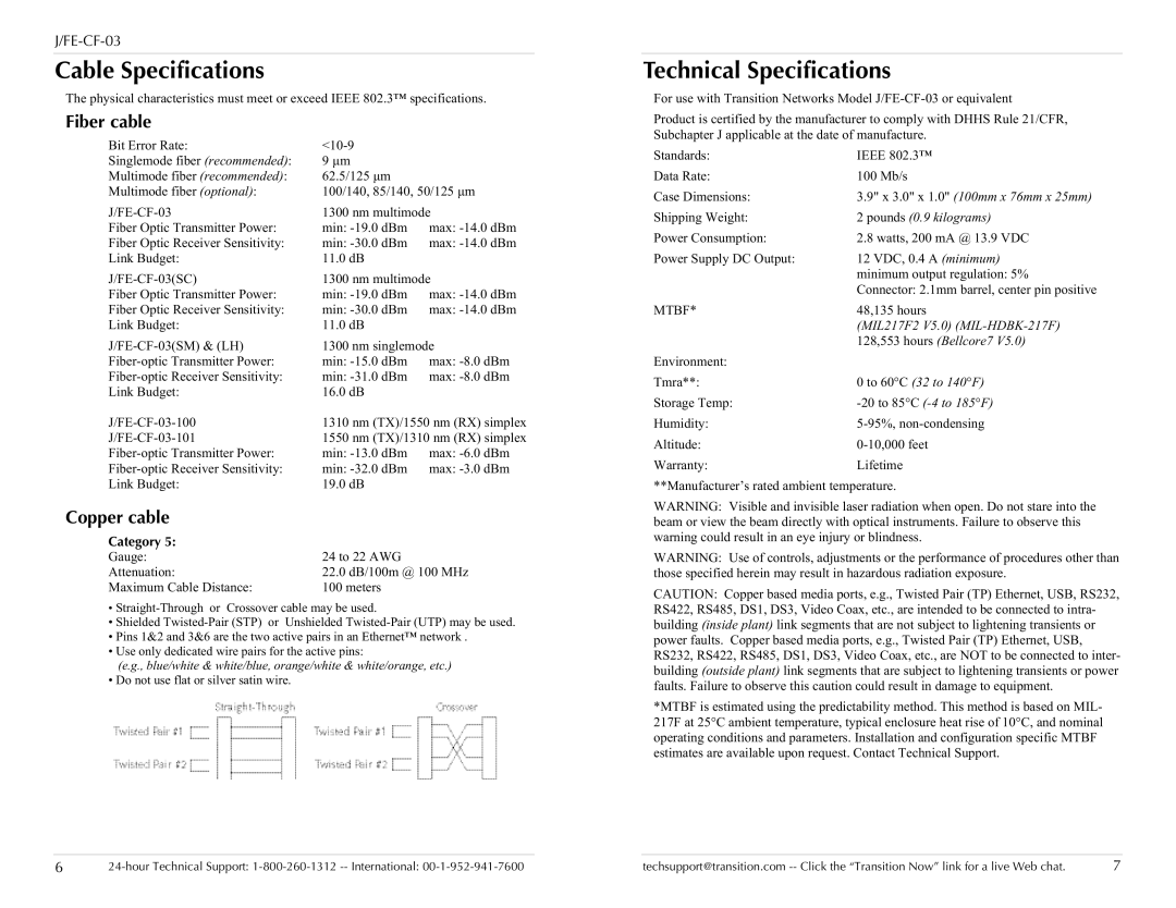 Transition Networks J/FE-CF-03 Cable Specifications, Technical Specifications, Fiber cable, Copper cable, Category 