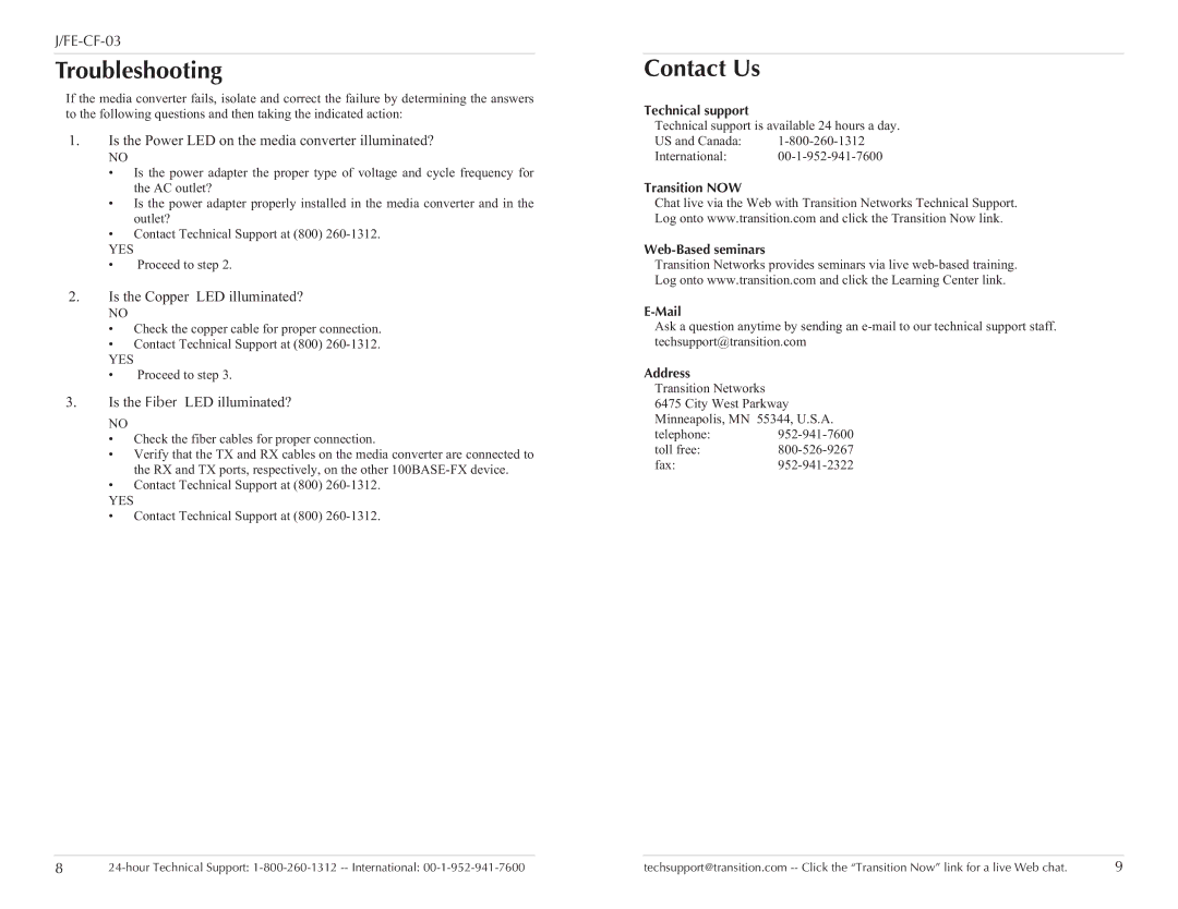 Transition Networks J/FE-CF-03 Troubleshooting, Contact Us, Technical support, Transition NOW Web-Based seminars Mail 