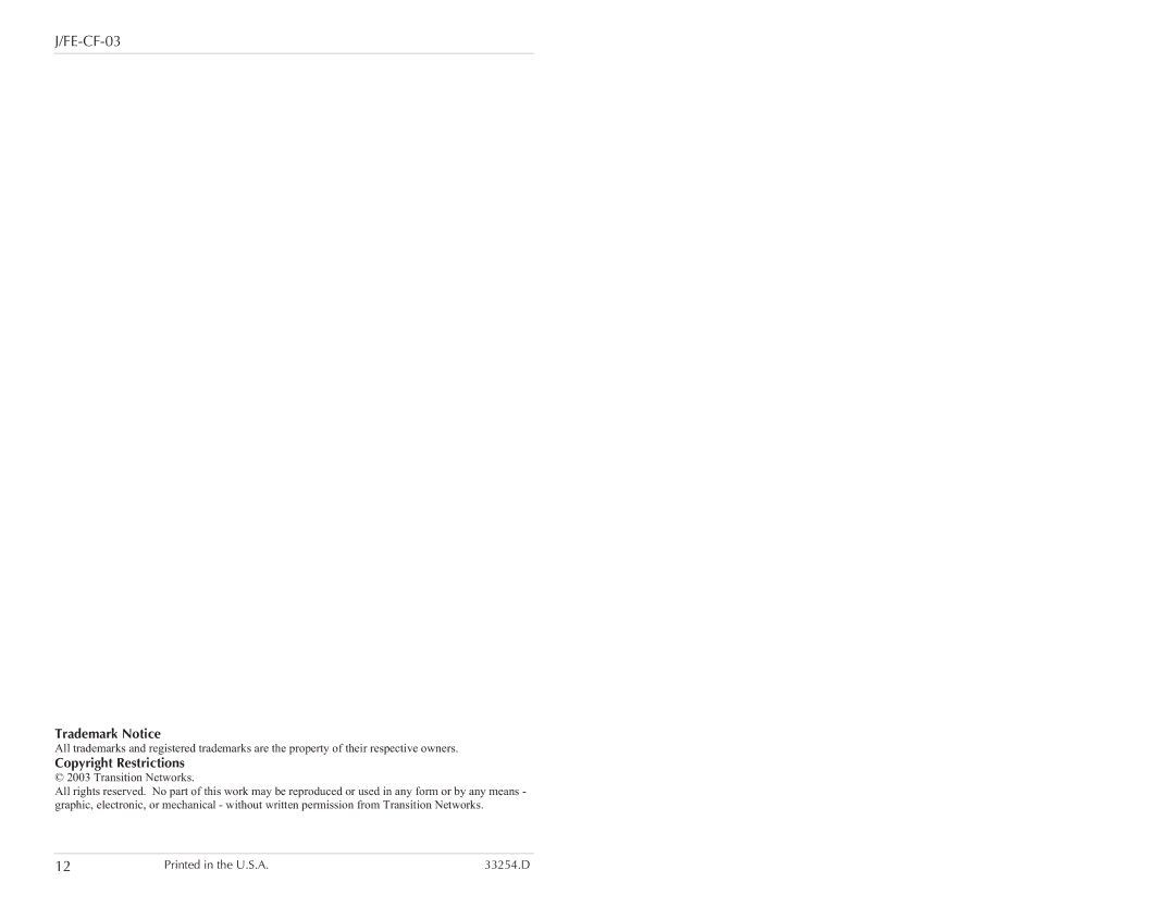 Transition Networks J/FE-CF-03 specifications Trademark Notice, Copyright Restrictions 