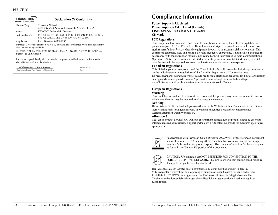 Transition Networks J/FE-CF-03 Compliance Information, Declaration Of Conformity, Canadian Regulations, Achtung 