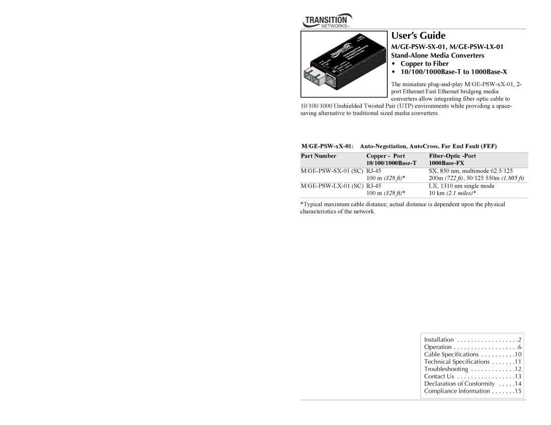 Transition Networks specifications M/GE-PSW-SX-01, M/GE-PSW-LX-01 Stand-Alone Media Converters, Part Number 