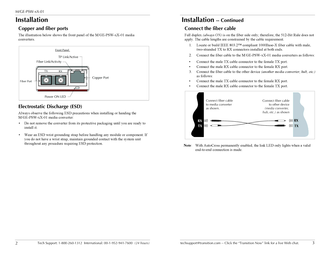 Transition Networks M/GE-PSW-SX-01, M/GE-PSW-LX-01 Installation, Copper and fiber ports, Connect the fiber cable 