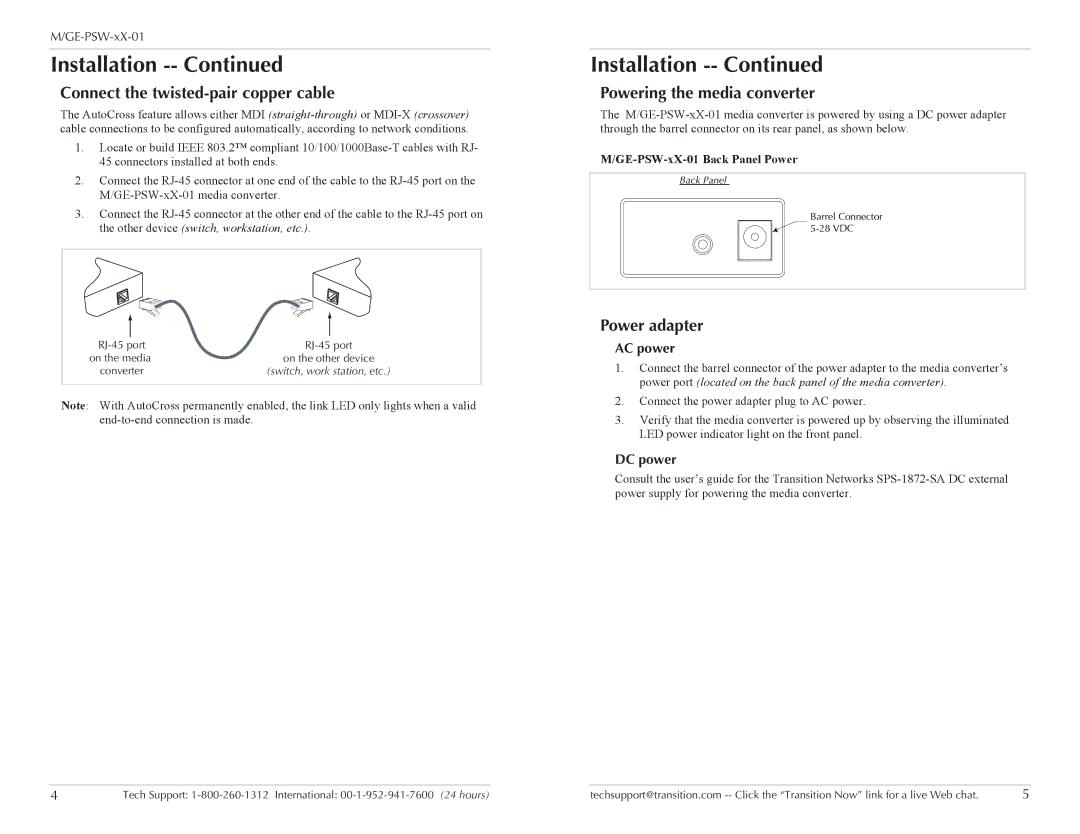 Transition Networks M/GE-PSW-LX-01 Connect the twisted-pair copper cable, Powering the media converter, Power adapter 