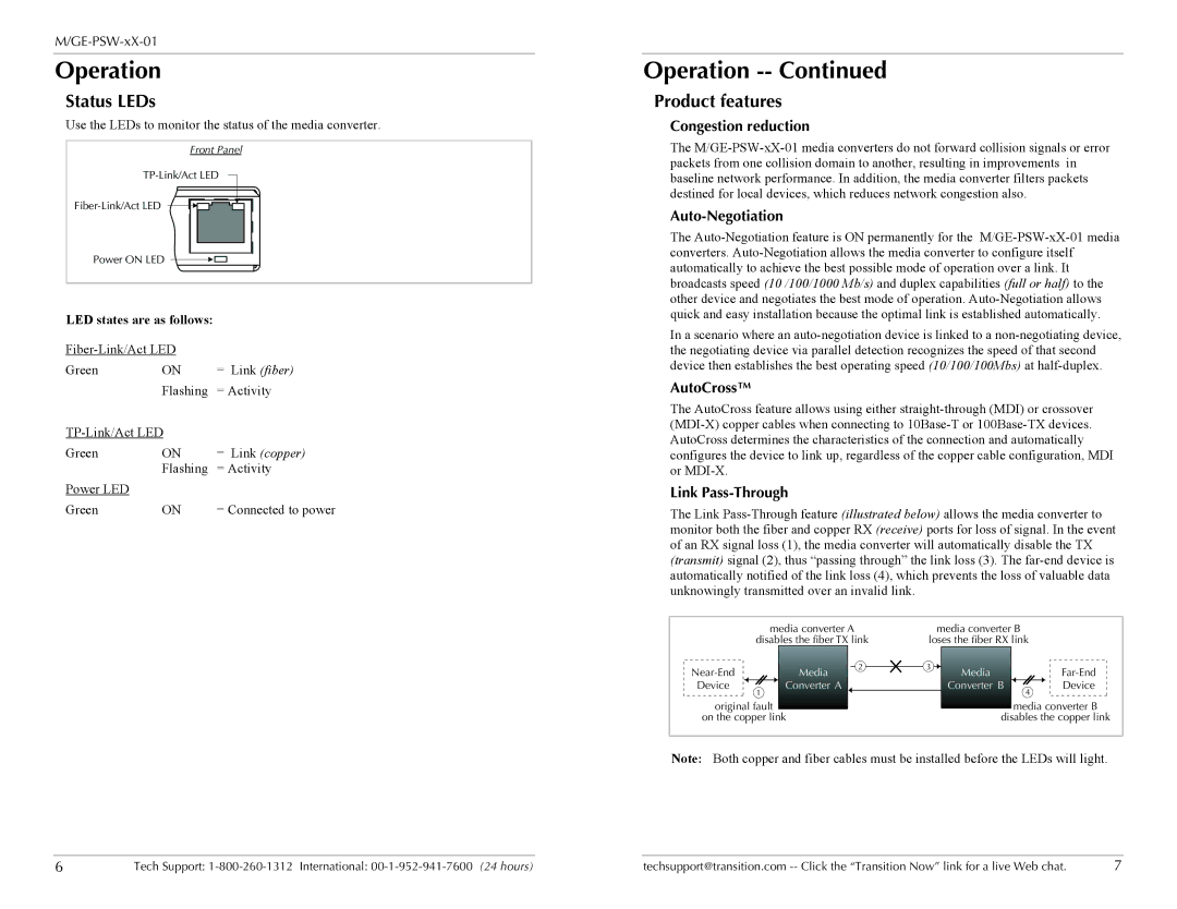 Transition Networks M/GE-PSW-SX-01, M/GE-PSW-LX-01 specifications Operation, Status LEDs, Product features 