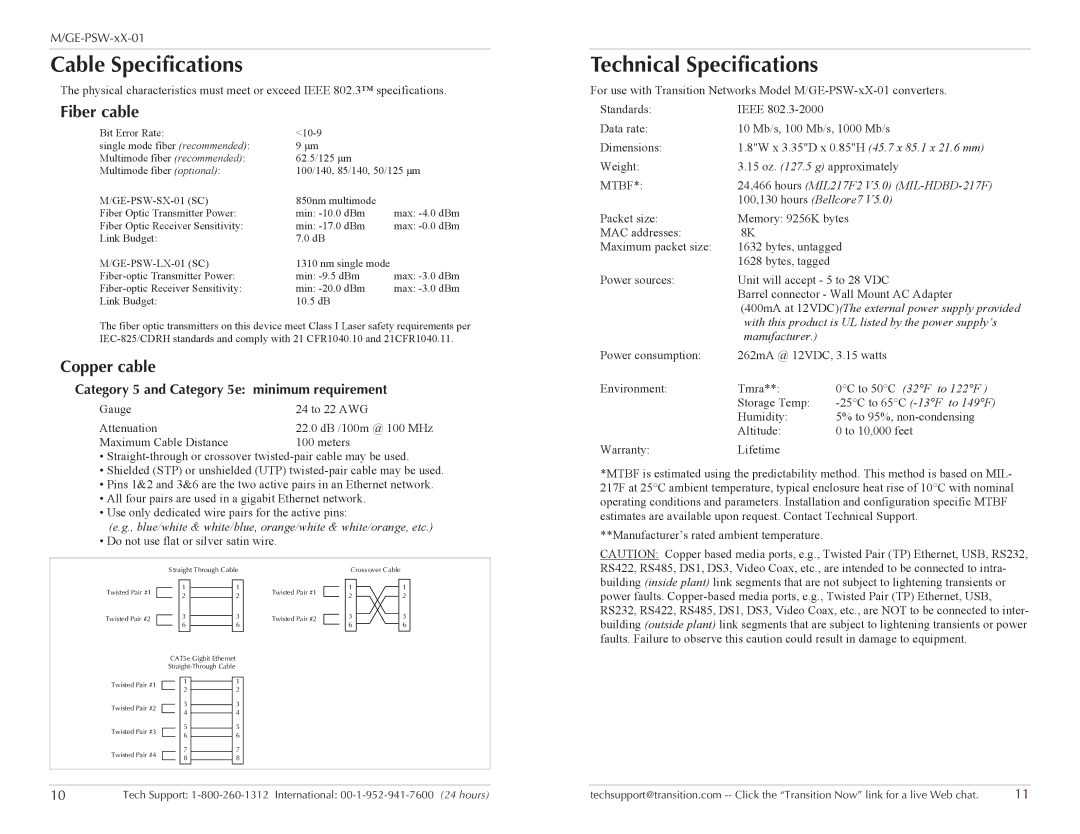 Transition Networks M/GE-PSW-SX-01 specifications Cable Specifications, Technical Specifications, Fiber cable, Copper cable 