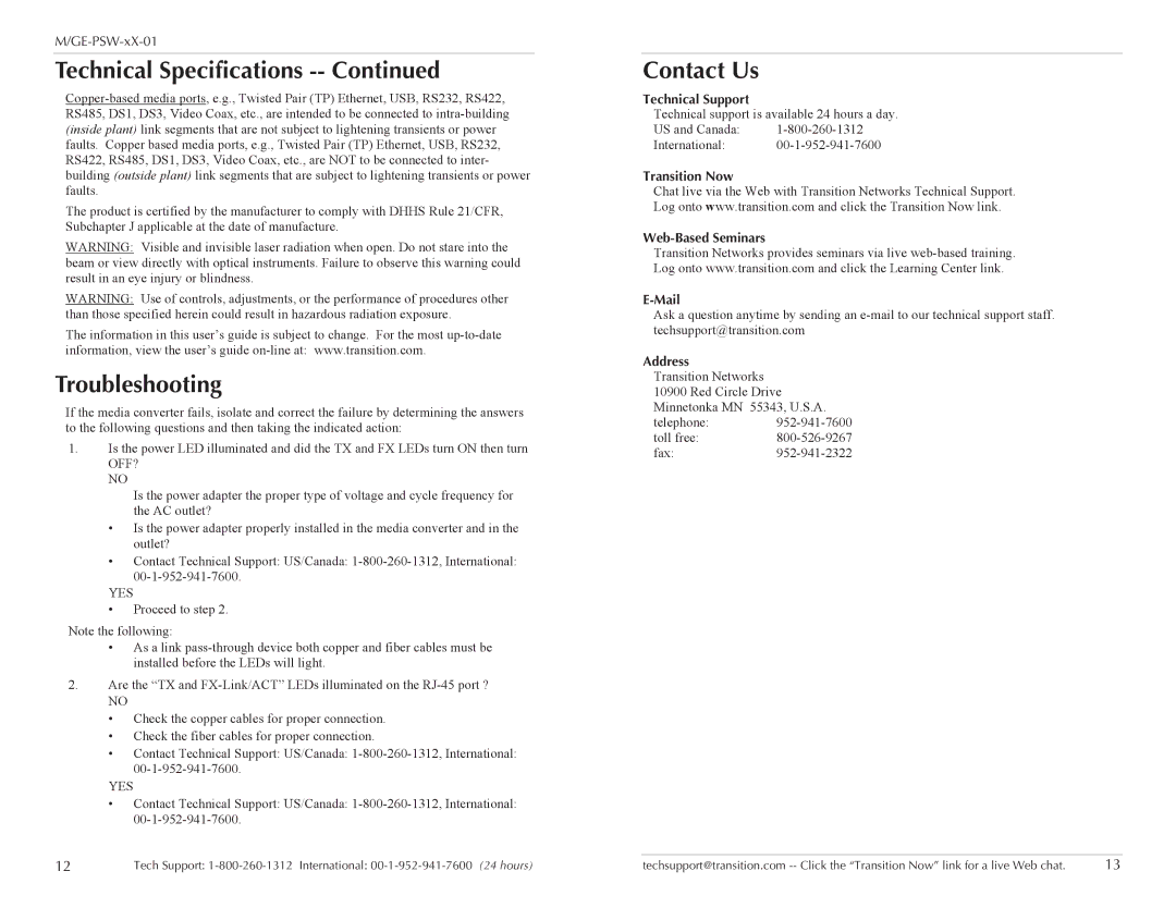 Transition Networks M/GE-PSW-LX-01 Troubleshooting, Contact Us, Technical Support, Transition Now Web-Based Seminars Mail 