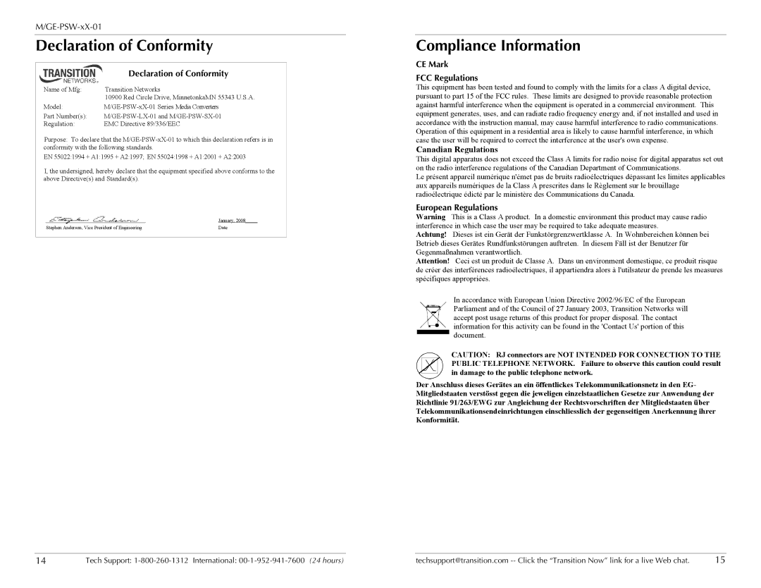 Transition Networks M/GE-PSW-SX-01 Declaration of Conformity, Compliance Information, CE Mark FCC Regulations 