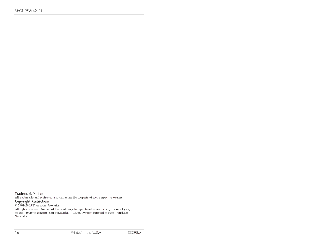 Transition Networks M/GE-PSW-LX-01, M/GE-PSW-SX-01 specifications Trademark Notice, Copyright Restrictions 