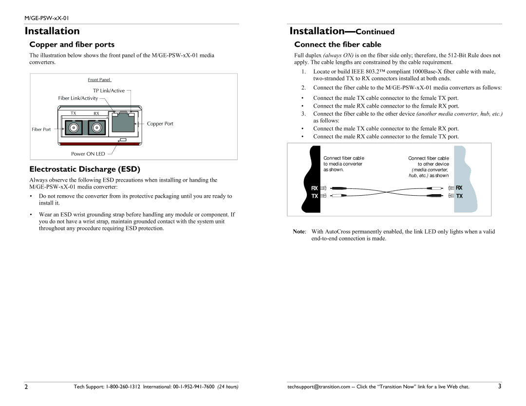 Transition Networks MGE-PSW-SX-01 specifications Installation, Copper and fiber ports, Connect the fiber cable 