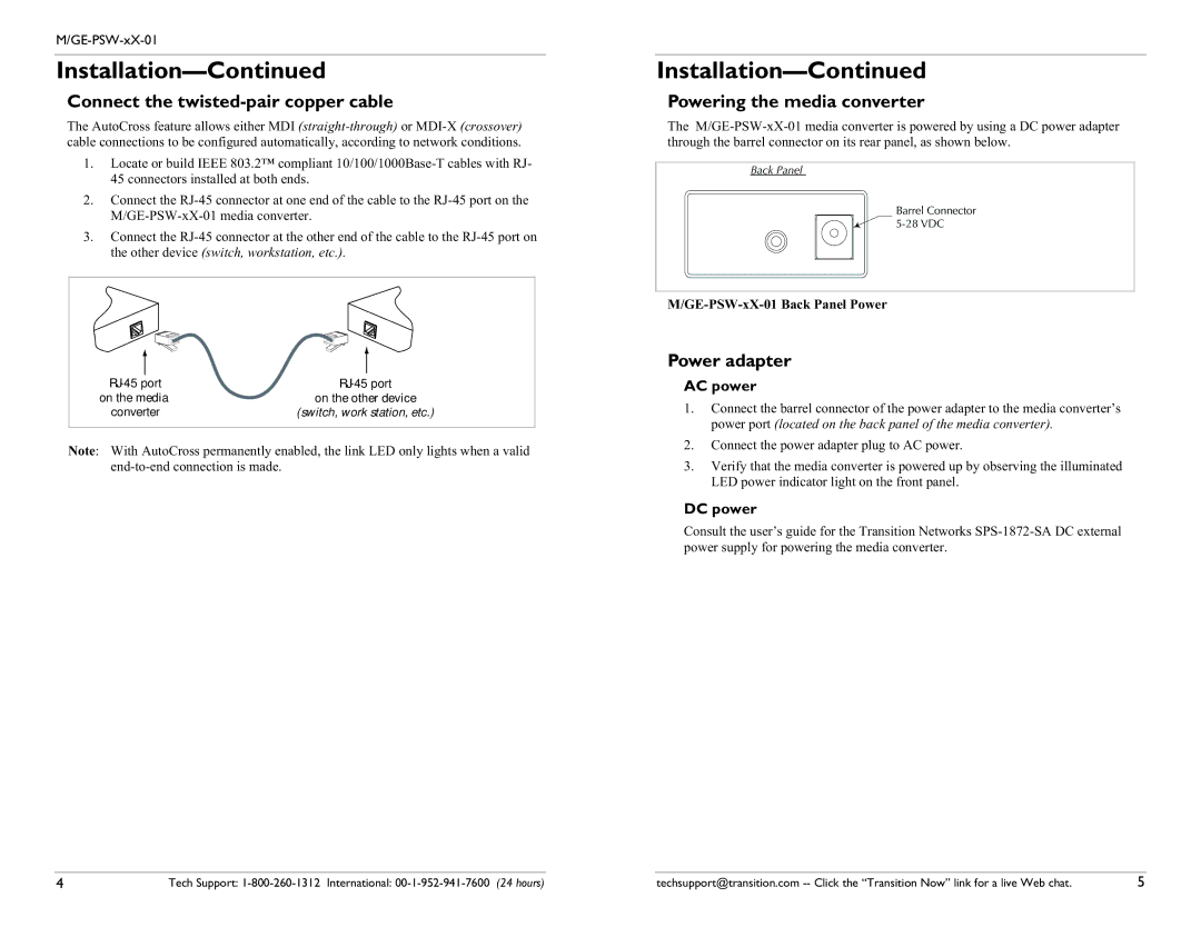 Transition Networks MGE-PSW-SX-01 Connect the twisted-pair copper cable, Powering the media converter, Power adapter 