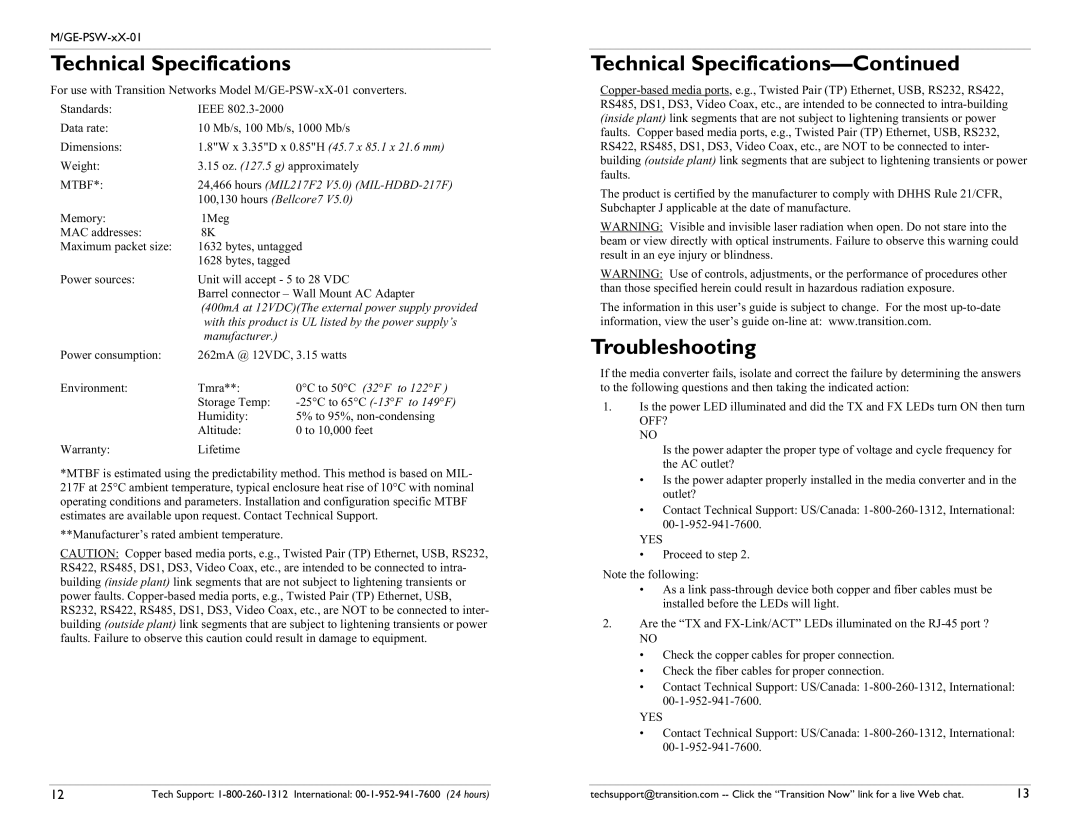 Transition Networks MGE-PSW-SX-01 specifications Technical Specifications, Troubleshooting 