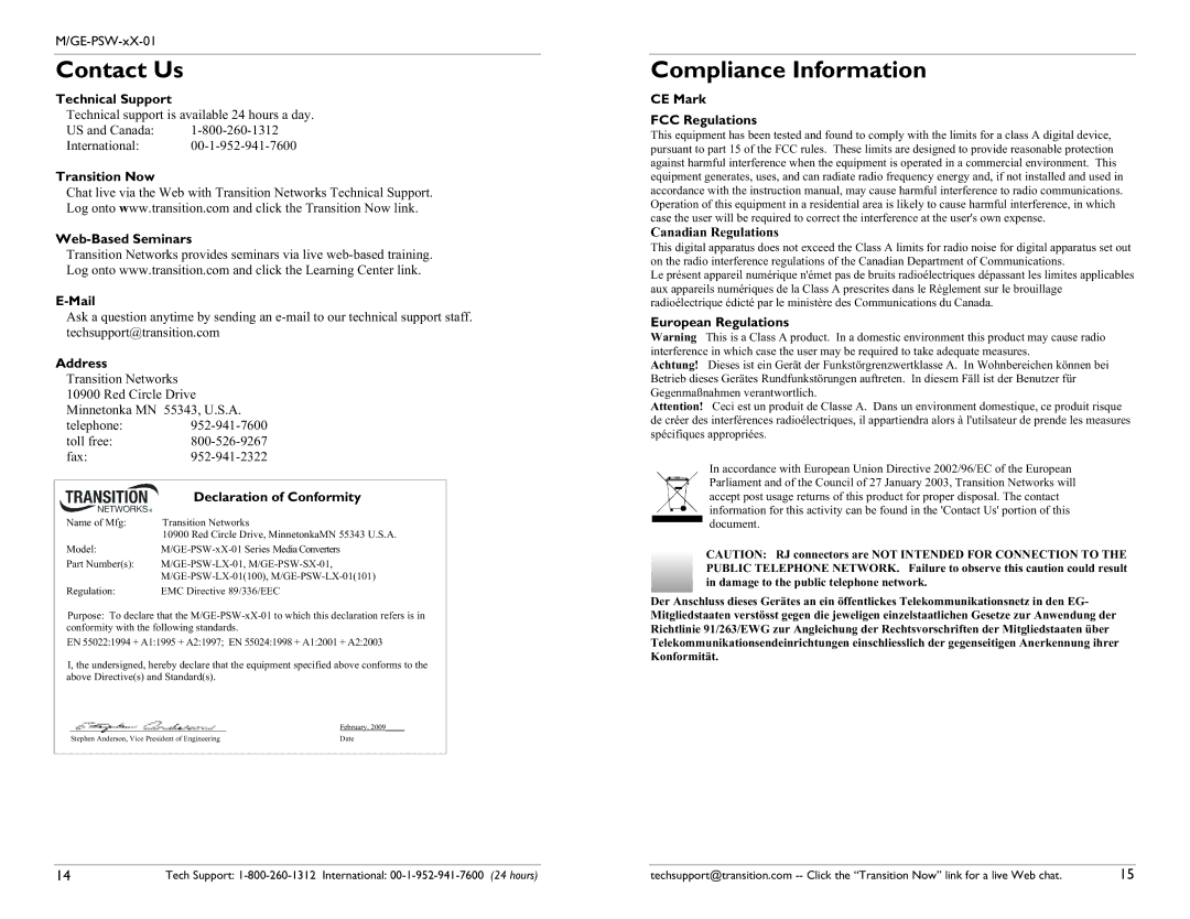 Transition Networks MGE-PSW-SX-01 specifications Contact Us, Compliance Information 