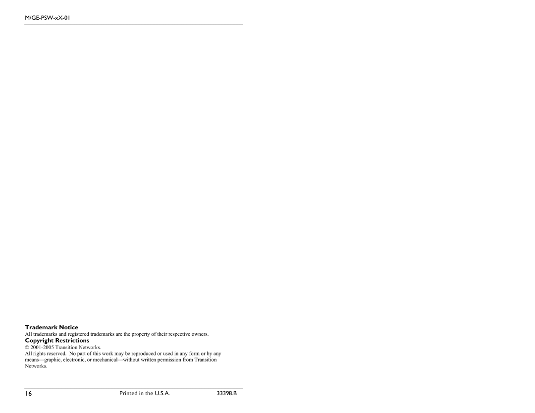 Transition Networks MGE-PSW-SX-01 specifications Trademark Notice 