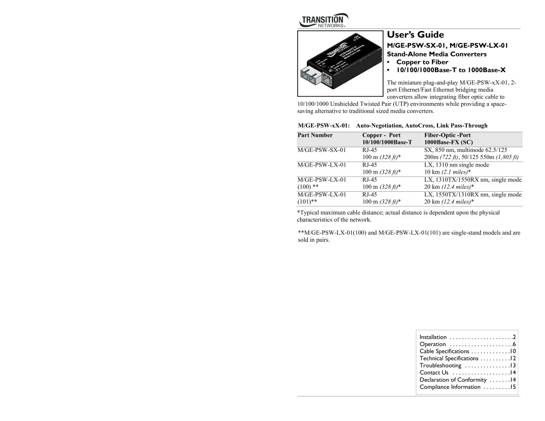 Transition Networks MGE-PSW-SX-01 specifications M/GE-PSW-SX-01, M/GE-PSW-LX-01 Stand-Alone Media Converters, Part Number 