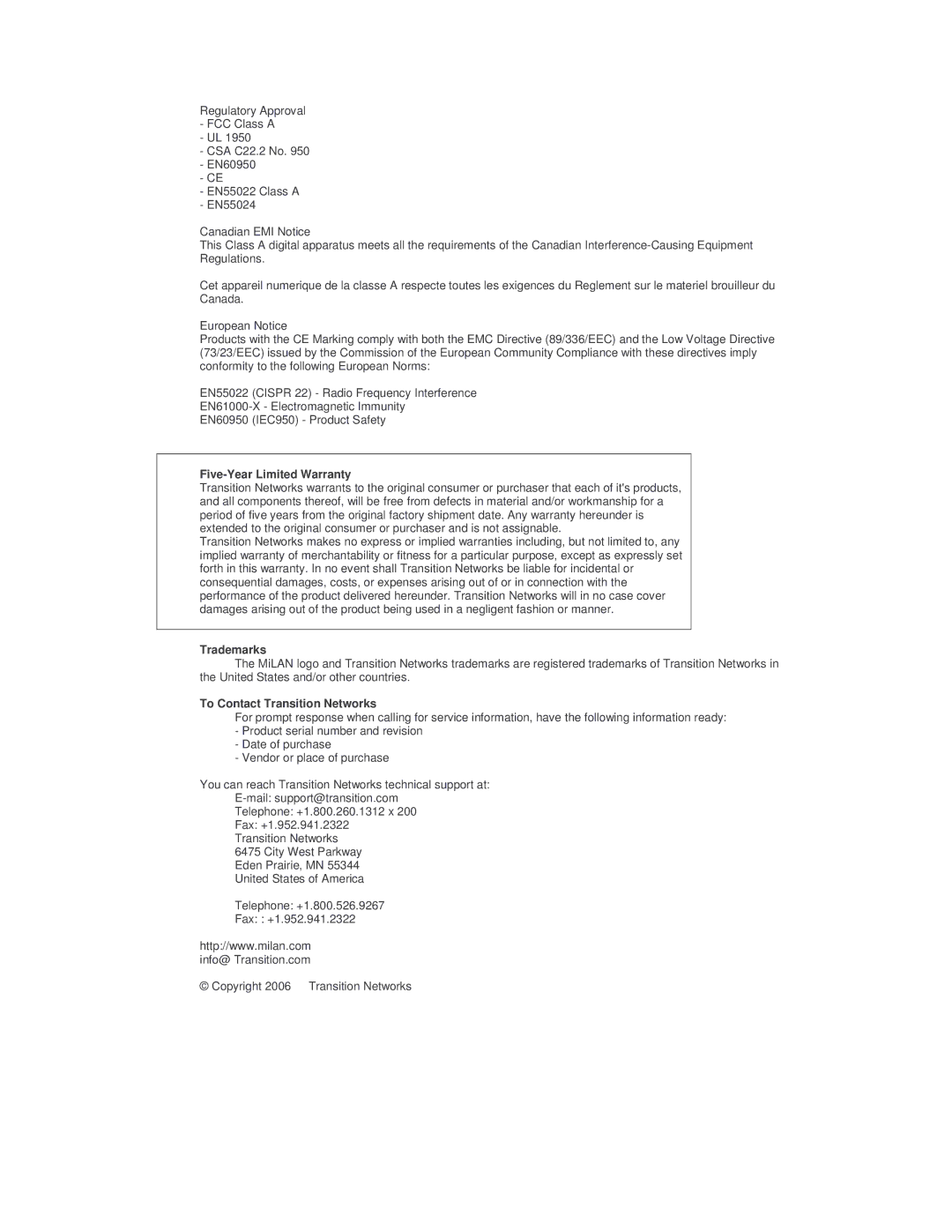 Transition Networks MIL-S8TA manual Fax +1.952.941.2322 Transition Networks 