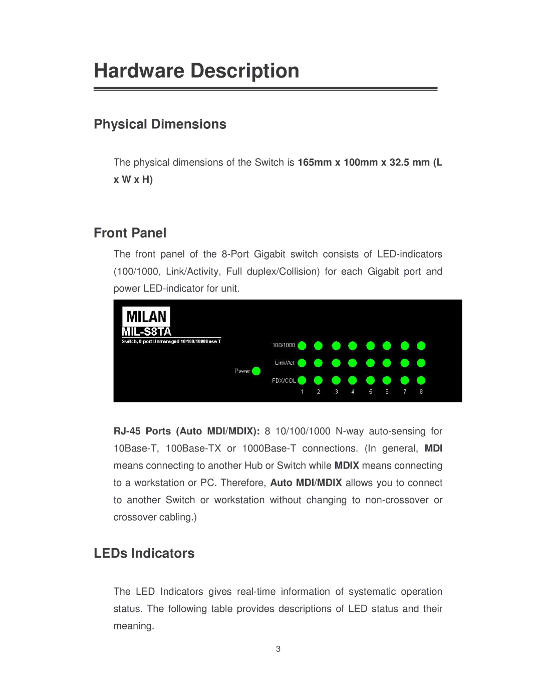 Transition Networks MIL-S8TA manual Hardware Description, Physical Dimensions, Front Panel, LEDs Indicators 