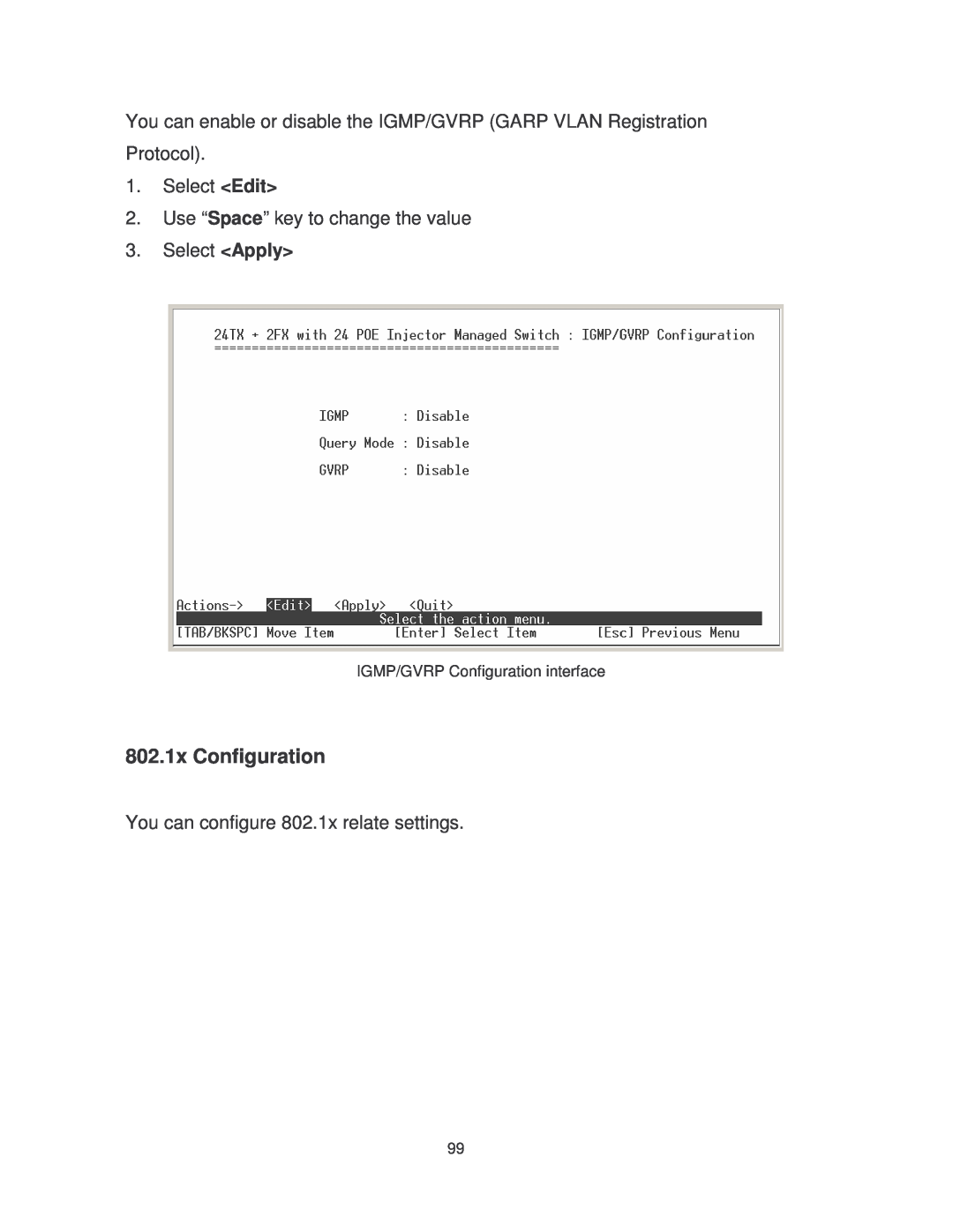 Transition Networks MIL-SM2401MAF manual 802.1x Configuration, IGMP/GVRP Configuration interface 