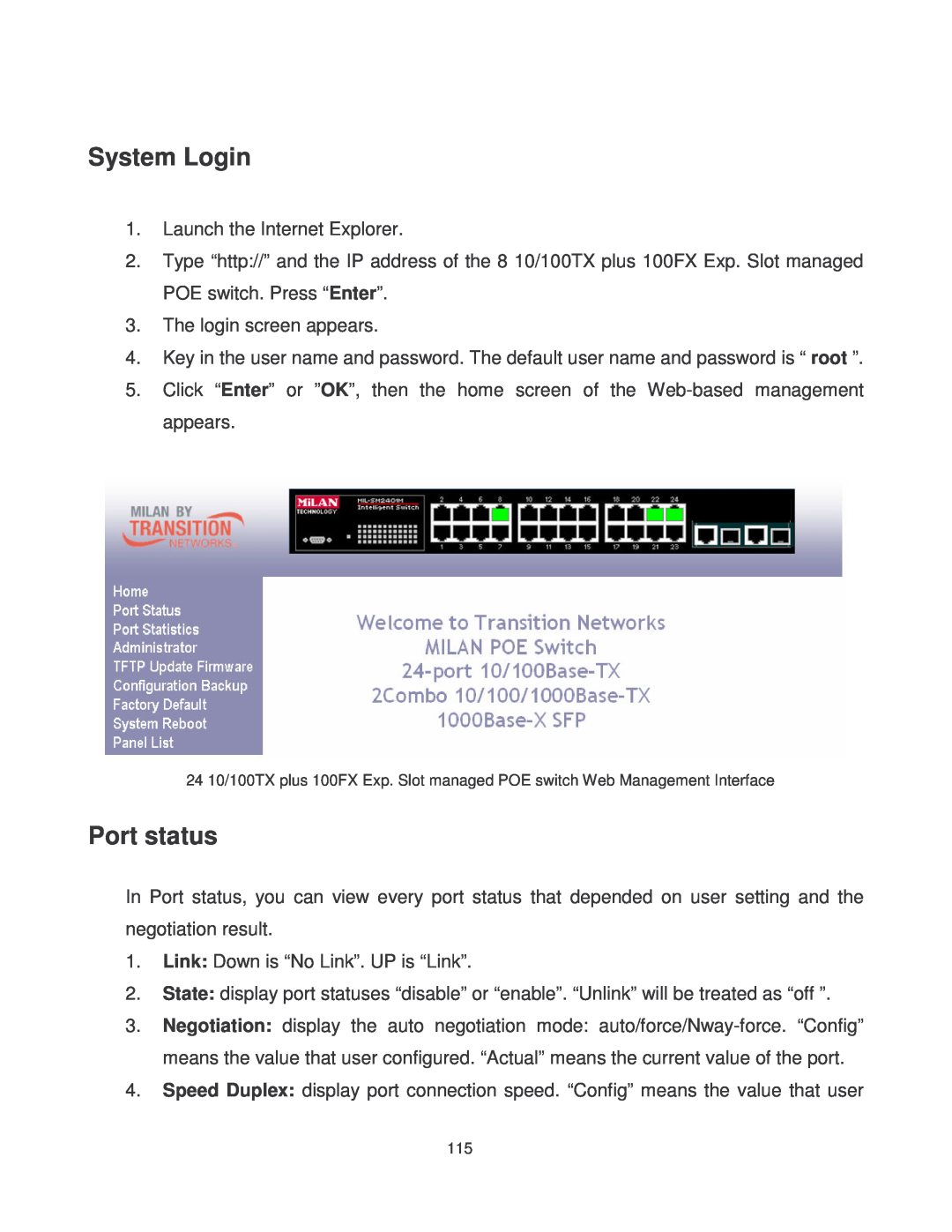 Transition Networks MIL-SM2401MAF manual System Login, Port status 