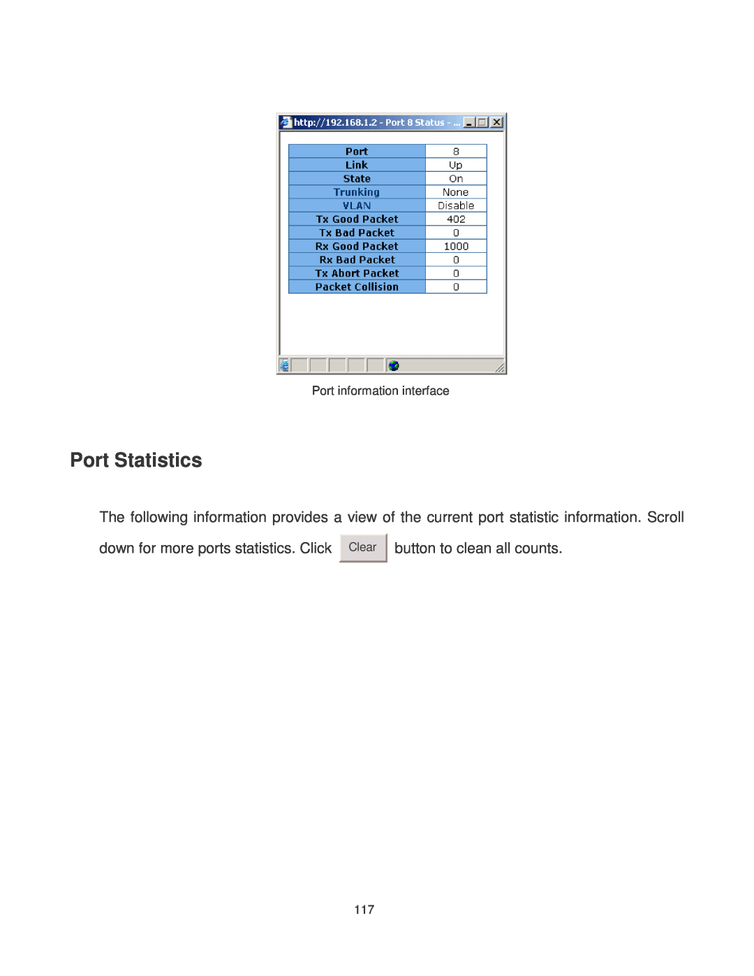 Transition Networks MIL-SM2401MAF manual Port Statistics, down for more ports statistics. Click, button to clean all counts 