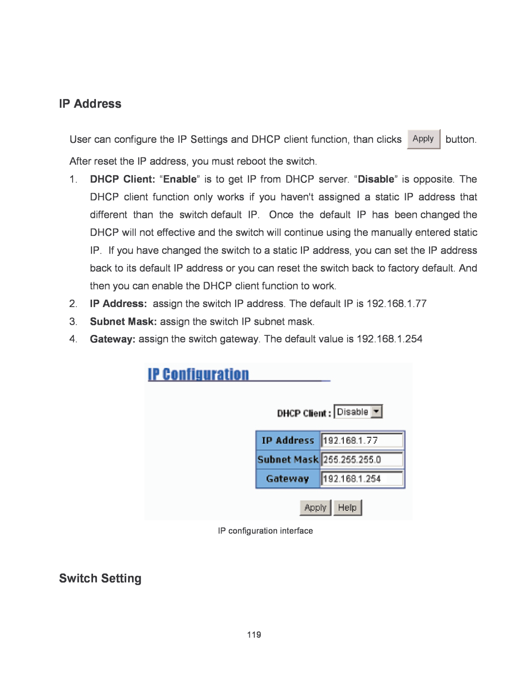 Transition Networks MIL-SM2401MAF manual IP Address, Switch Setting 